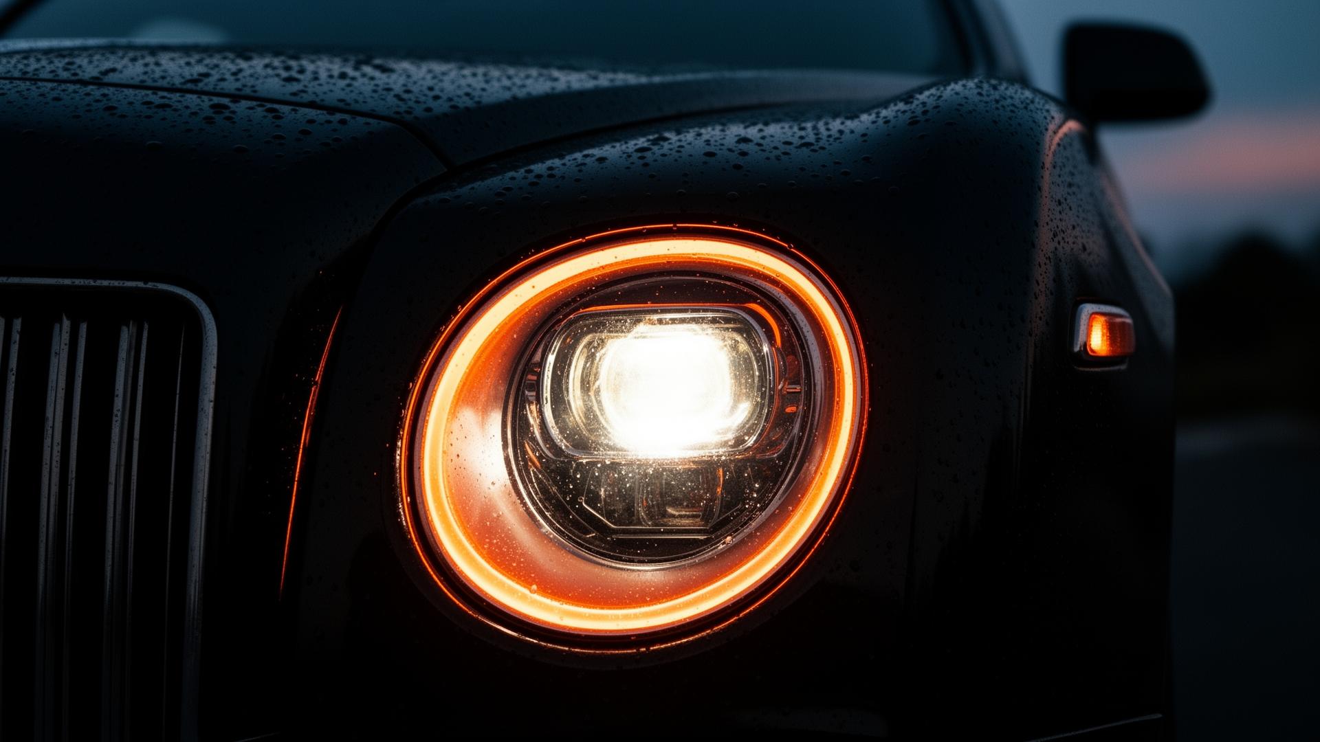 Restored car headlight glowing at dusk
